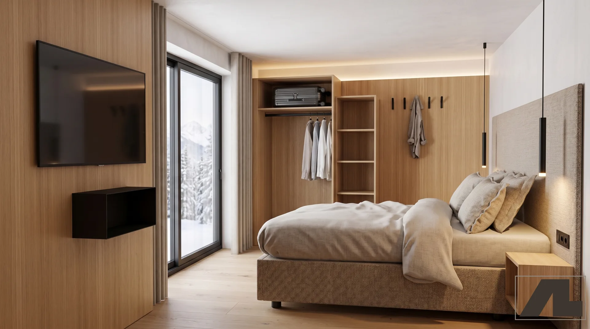 Visualisierung Schlafzimmer mit offenem Kleiderschrank und Bergblick, Angelika Apartments Ischgl