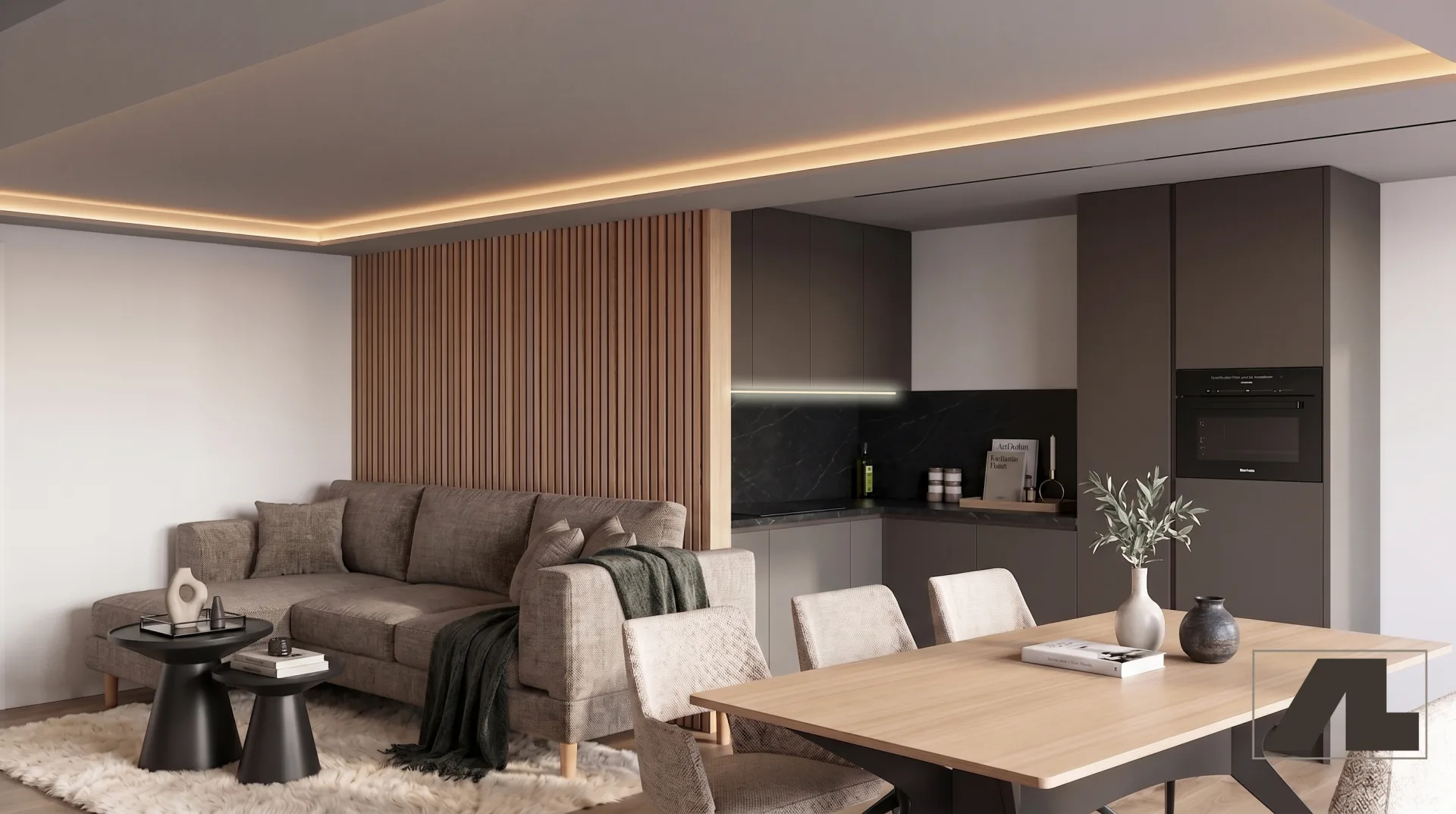 Visualisierung Wohnbereich mit offener Küche, Angelika Apartments Ischgl